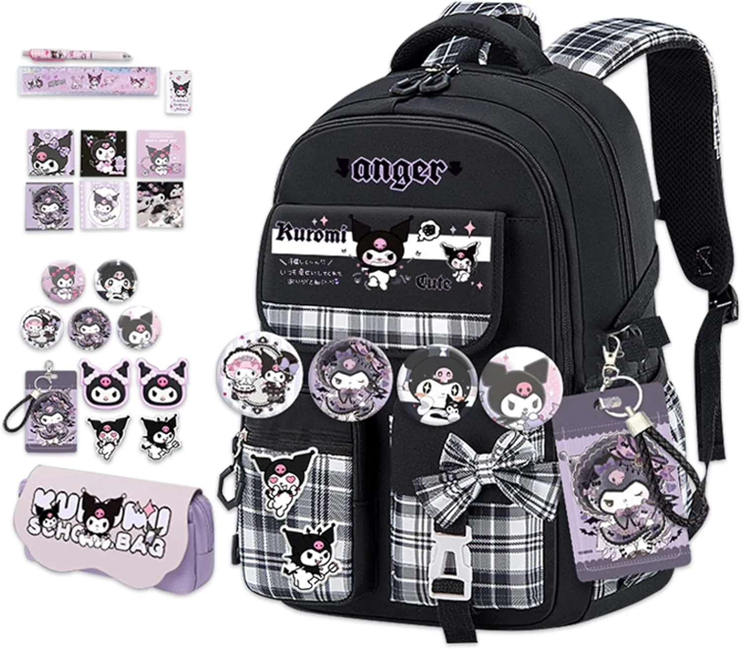 Roffatide Anime Kuromi Kawaii School Backpack for Girls Boys with 21Pcs Accessories Cartoon Students Aesthetic New Semester Gifts Laptop Backpack with Cute Pins, Anti-Theft, ID Badge Holder Black B