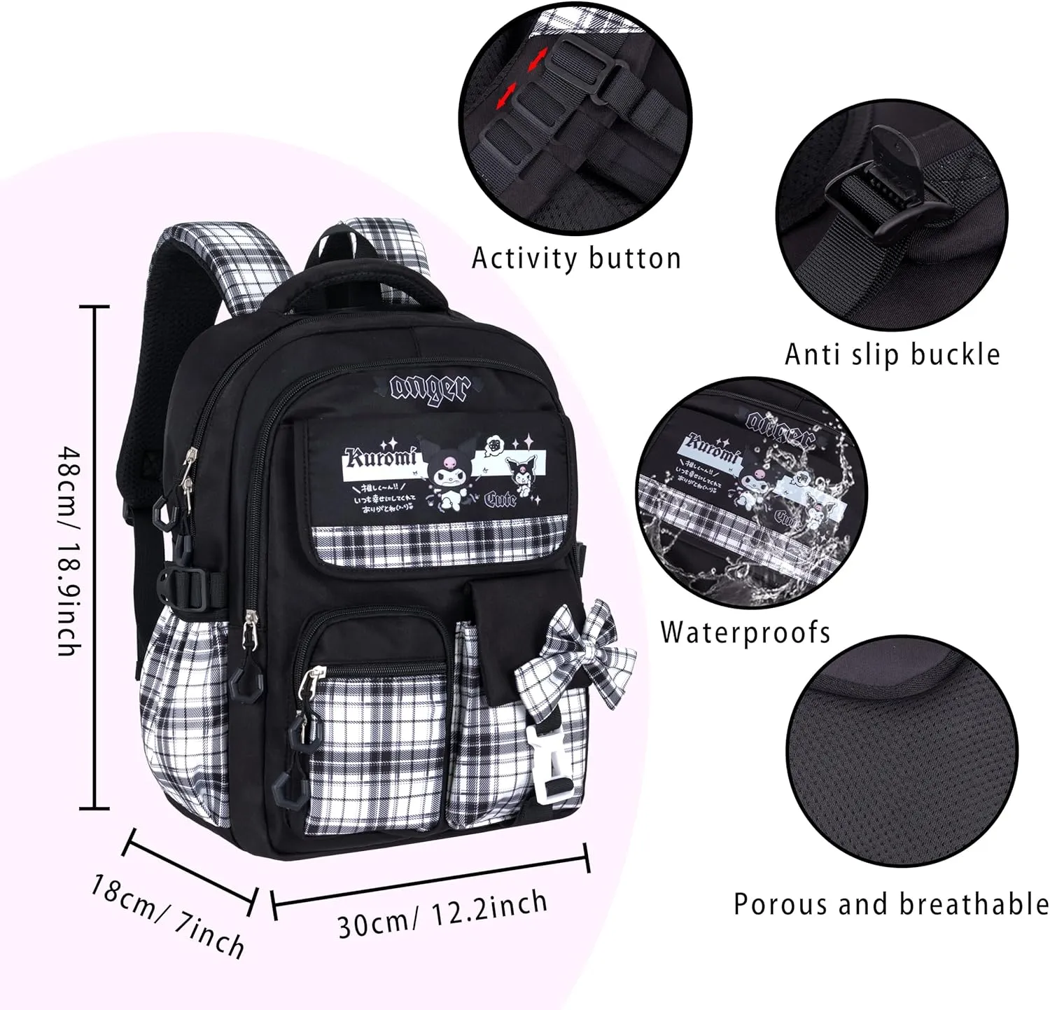 Roffatide Anime Kuromi Kawaii School Backpack for Girls Boys with 21Pcs Accessories Cartoon Students Aesthetic New Semester Gifts Laptop Backpack with Cute Pins, Anti-Theft, ID Badge Holder Black B