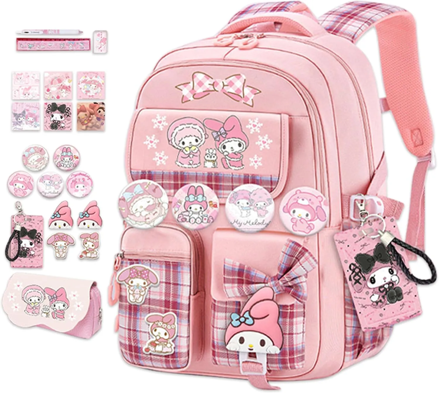 Roffatide Anime Melody Kawaii School Backpack for Girls Boys with 21Pcs Accessories Cartoon Students Aesthetic New Semester Gifts Laptop Backpack with Cute Pins, Anti-Theft, ID Badge Holder