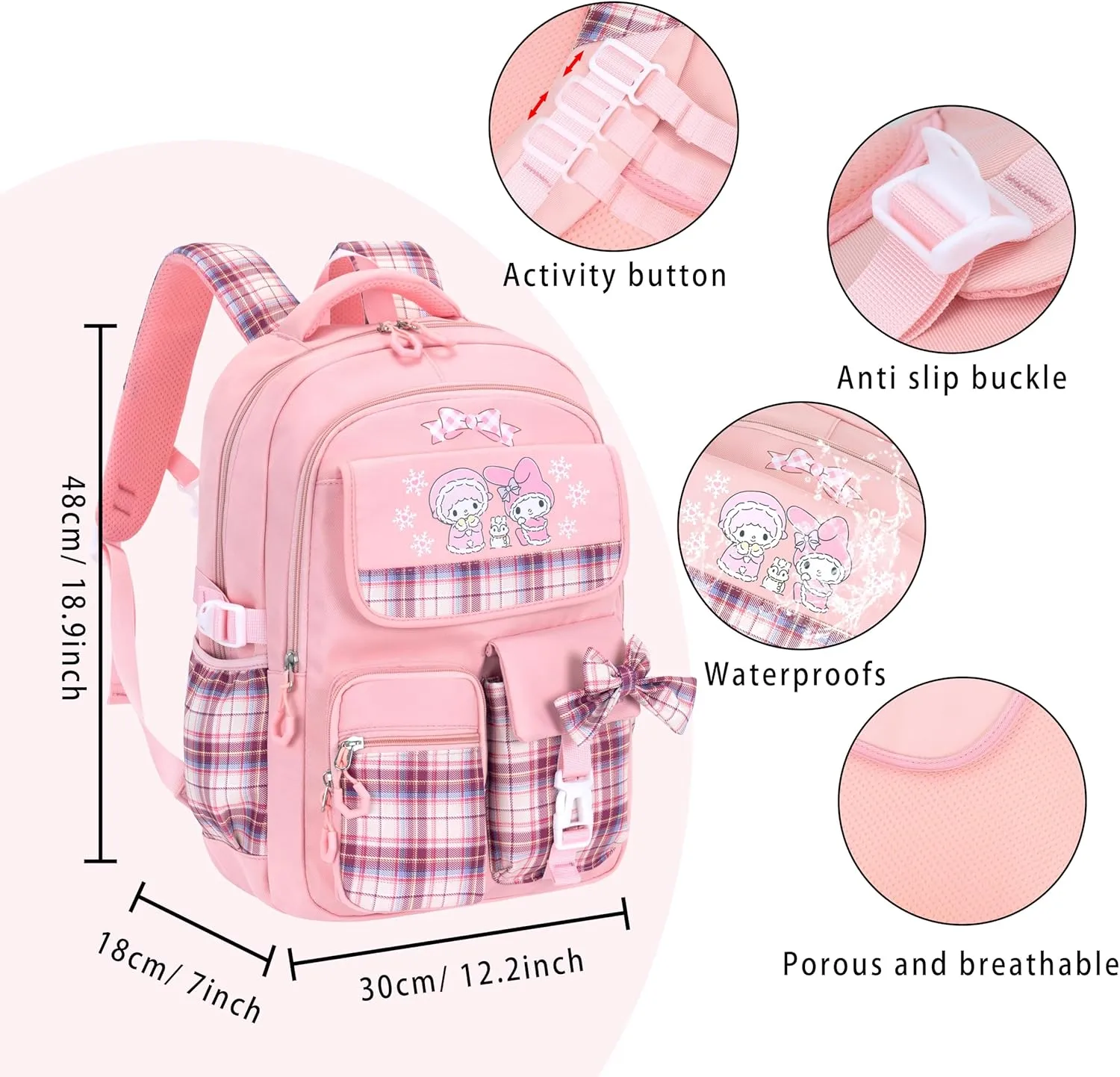 Roffatide Anime Melody Kawaii School Backpack for Girls Boys with 21Pcs Accessories Cartoon Students Aesthetic New Semester Gifts Laptop Backpack with Cute Pins, Anti-Theft, ID Badge Holder