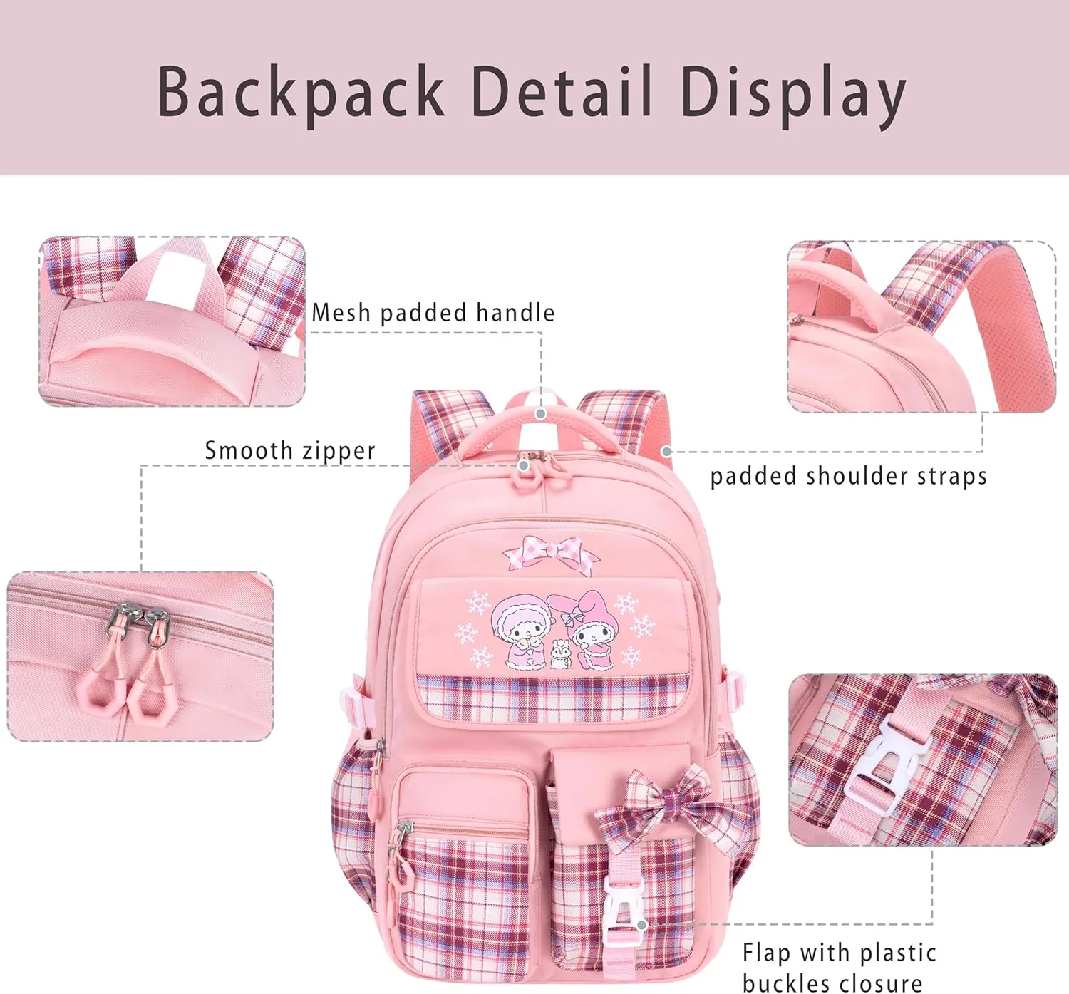 Roffatide Anime Melody Kawaii School Backpack for Girls Boys with 21Pcs Accessories Cartoon Students Aesthetic New Semester Gifts Laptop Backpack with Cute Pins, Anti-Theft, ID Badge Holder
