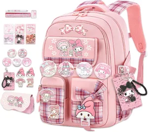 Roffatide Anime Melody Kawaii School Backpack for Girls Boys with 21Pcs Accessories Cartoon Students Aesthetic New Semester Gifts Laptop Backpack with Cute Pins, Anti-Theft, ID Badge Holder