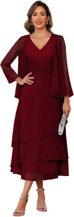 RSOETOO Women's Long Mother of The Bride Dresses for Wedding Chiffon V Neck Long Sleeve Formal Evening Dress RO005
