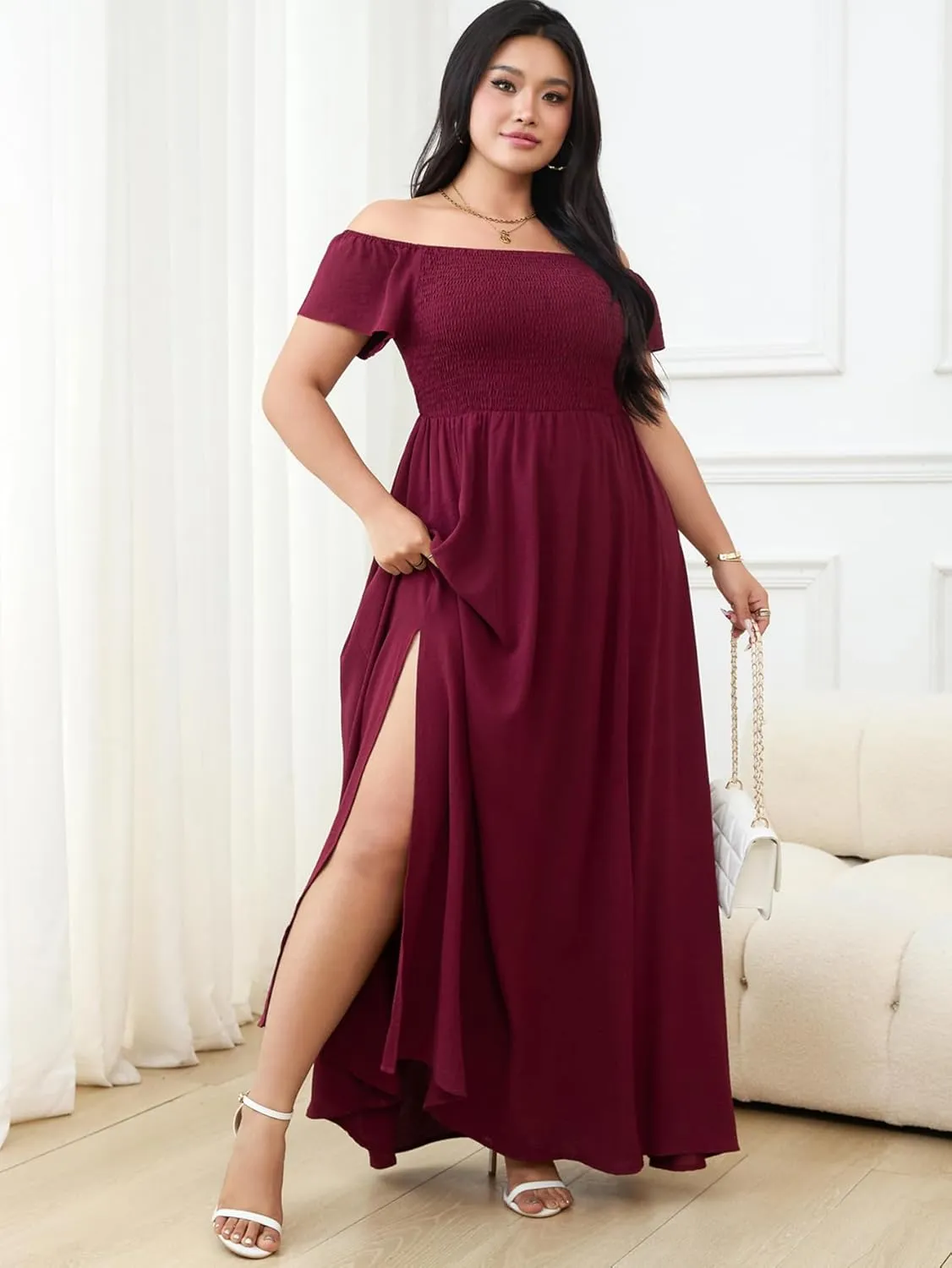 RWJ Womens Plus Size Wedding Guest Dress Summer Off Shoulder Short Sleeve Party Cocktail A-Line Split Long Maxi Dresses