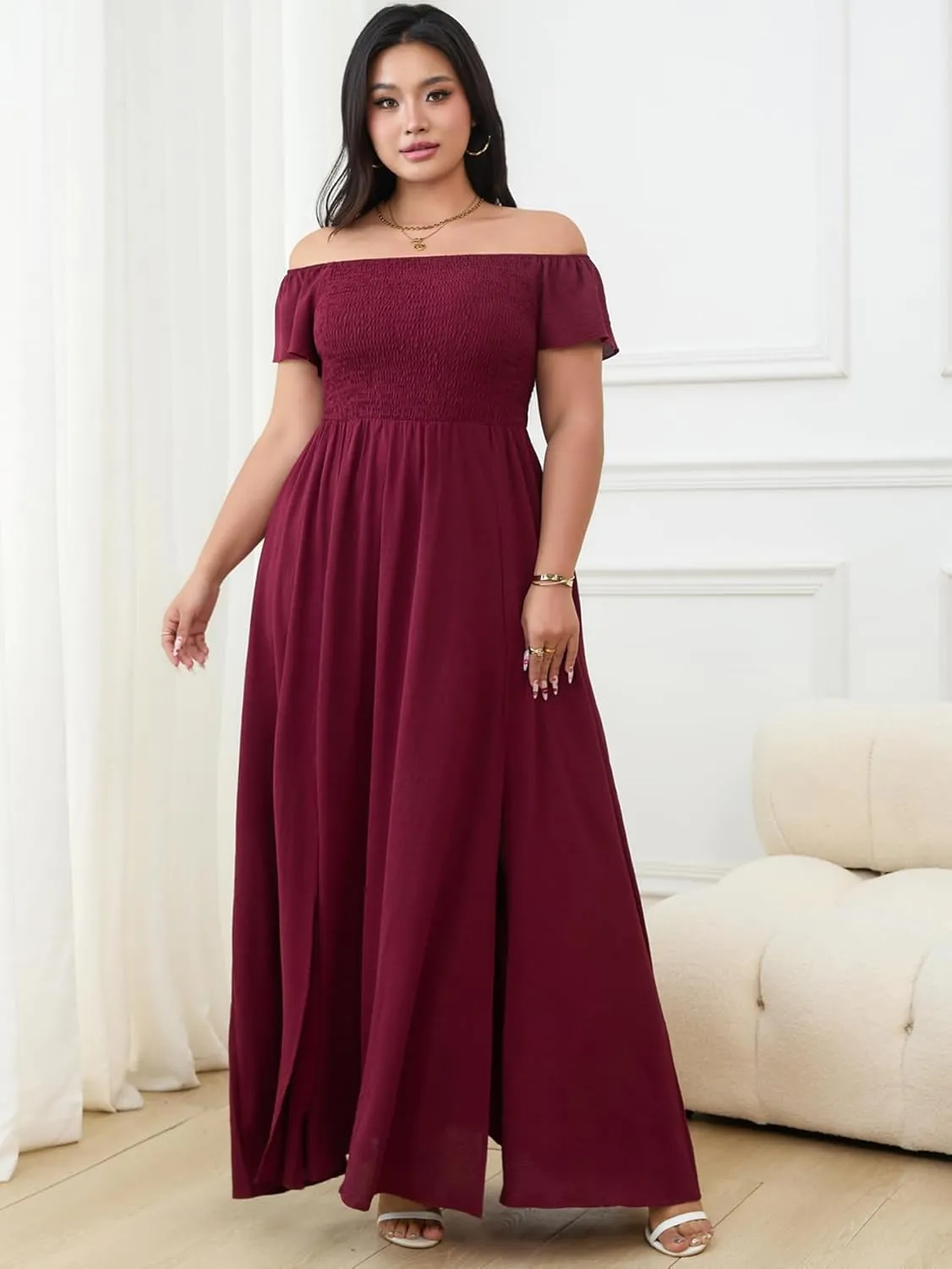 RWJ Womens Plus Size Wedding Guest Dress Summer Off Shoulder Short Sleeve Party Cocktail A-Line Split Long Maxi Dresses
