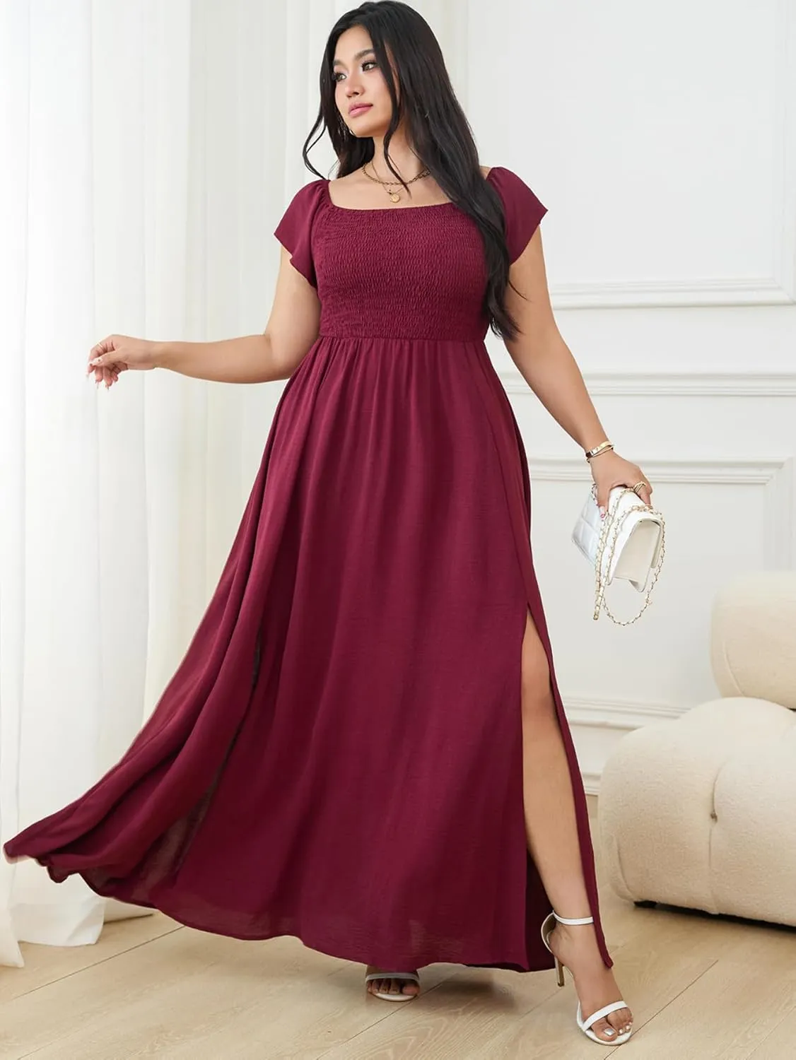 RWJ Womens Plus Size Wedding Guest Dress Summer Off Shoulder Short Sleeve Party Cocktail A-Line Split Long Maxi Dresses