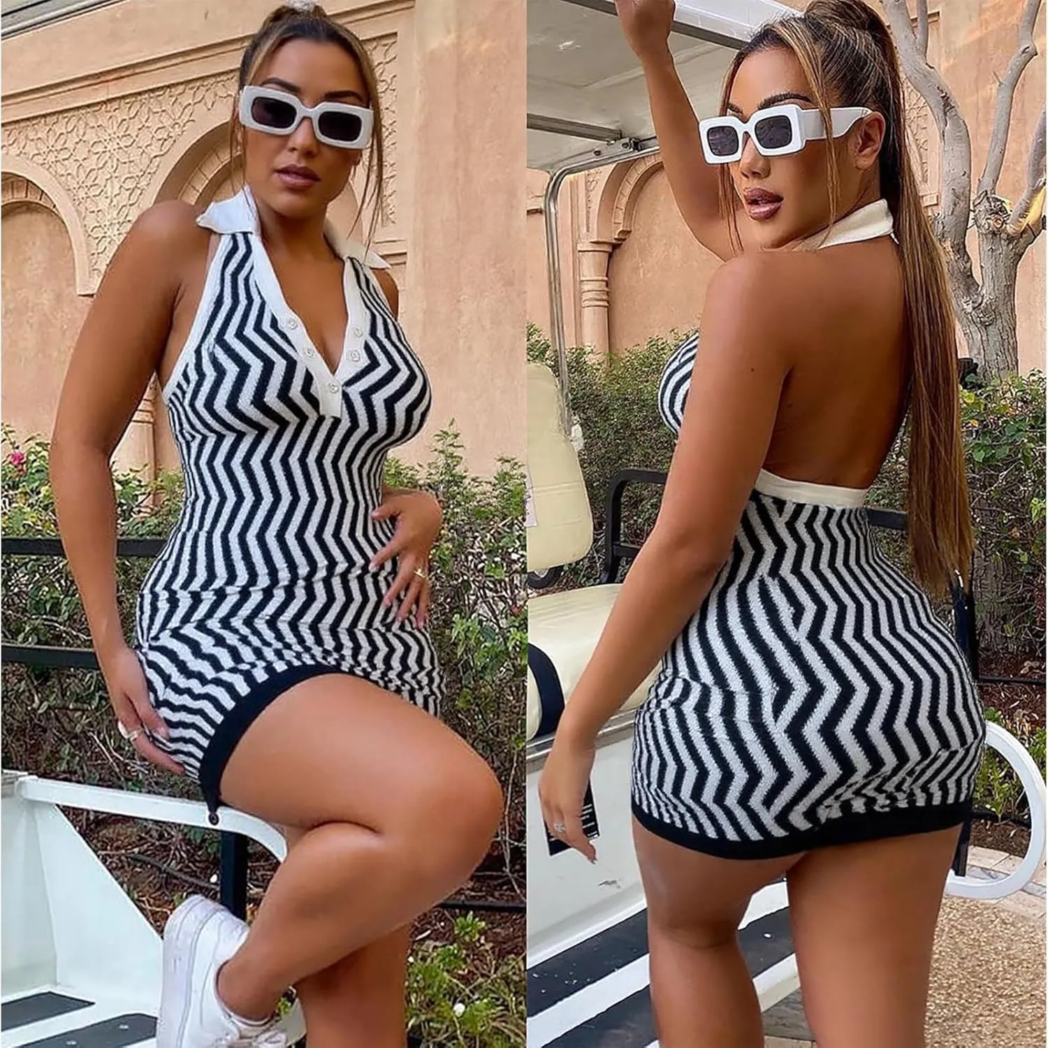 Ryehack Womens Summer Halter Dress Backless Sundress Striped V Neck Bodycon Mini Beach Dress Y2k Sexy Casual Tank Dress