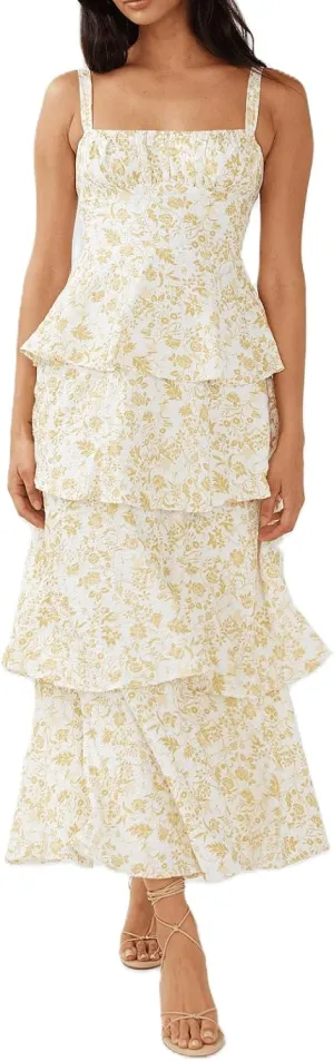 Sastianaen Tiered Ruffle Maxi Dresses Floral Print Spaghetti Strap Sleeveless Flowy Layered Long Dress Holiday Sundress