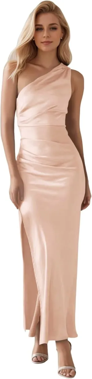 Satin Bridesmaid Dresses for Women with Slit One Shoulder Cocktail Prom Dress Formal 2024