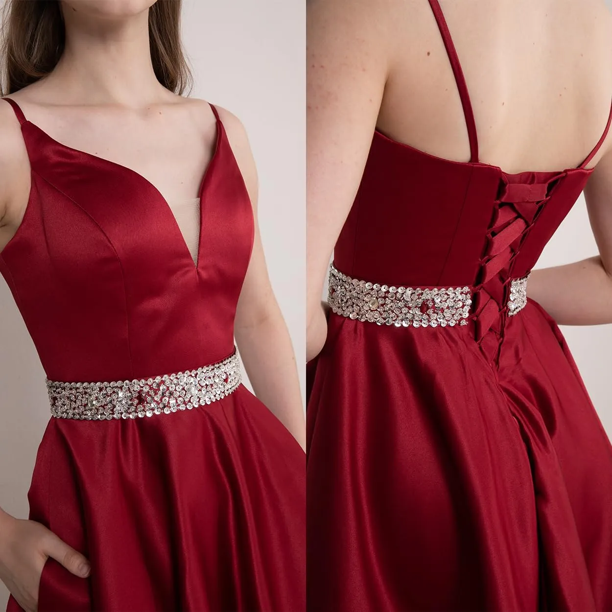 Satin Homecoming Dresses 2025 Spaghetti Straps Short Prom Dresses V-Neck Beaded Evening Formal Party Gowns
