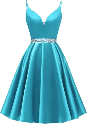 Satin Homecoming Dresses 2025 Spaghetti Straps Short Prom Dresses V-Neck Beaded Evening Formal Party Gowns