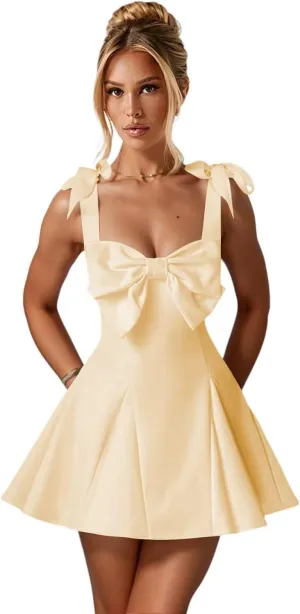 Satin Mini Homecoming Dresses for Teens with Bow A-line Pleated Formal Party Dress AD029