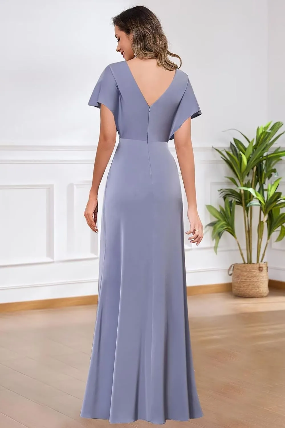 Satin Mother of The Bride Dresses for Women V-Neck Flutter Sleeve Formal Wedding Guest Dress
