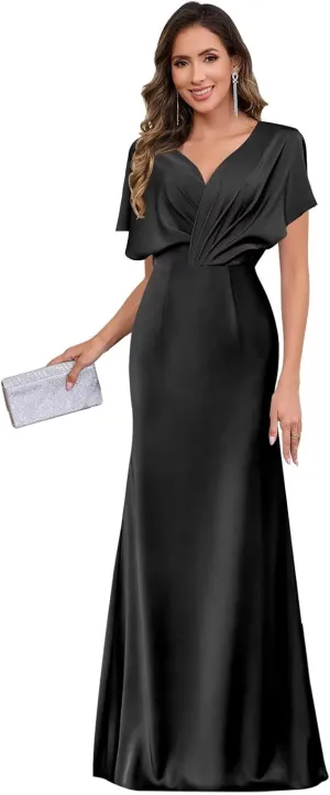 Satin Mother of The Bride Dresses for Women V-Neck Flutter Sleeve Formal Wedding Guest Dress