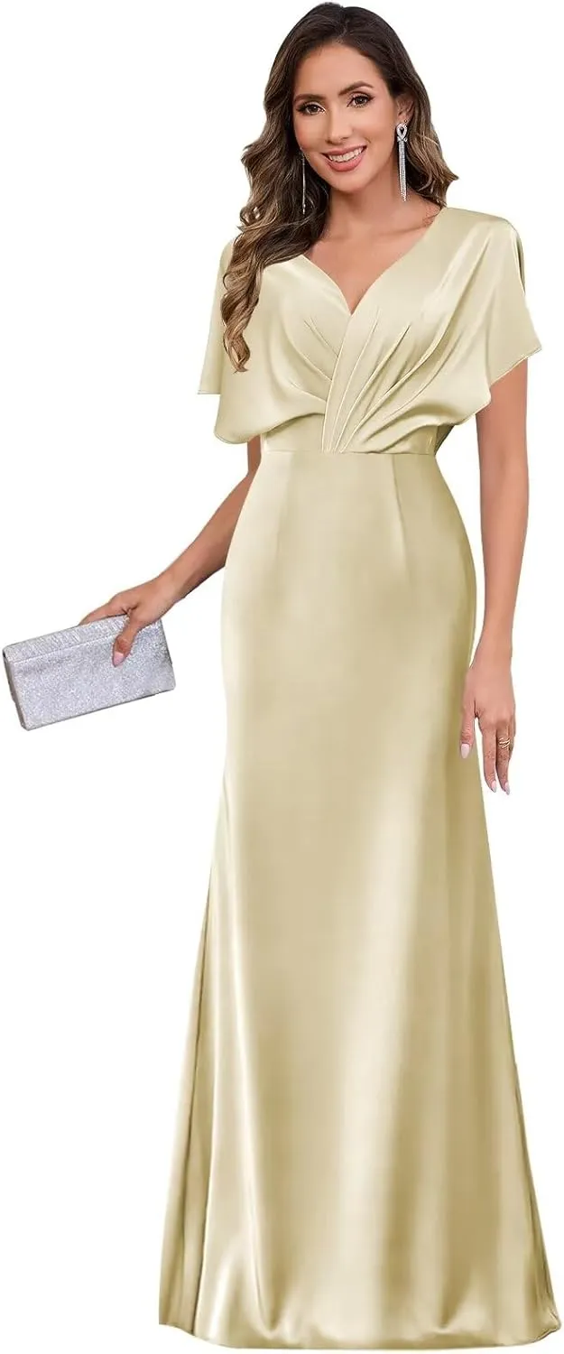 Satin Mother of The Bride Dresses for Women V-Neck Flutter Sleeve Formal Wedding Guest Dress