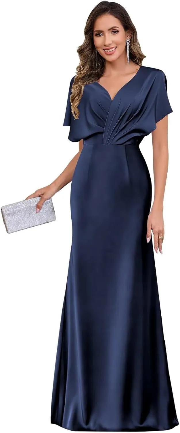 Satin Mother of The Bride Dresses for Women V-Neck Flutter Sleeve Formal Wedding Guest Dress