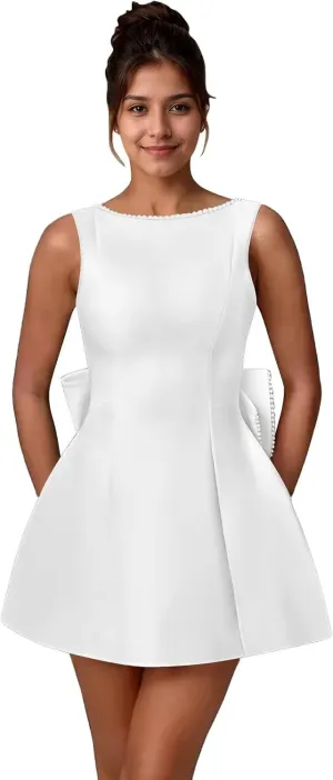 Satin Pearl Homecoming Dresses with Bow 2025 Short Wedding Mini Prom Party Dress for Teens
