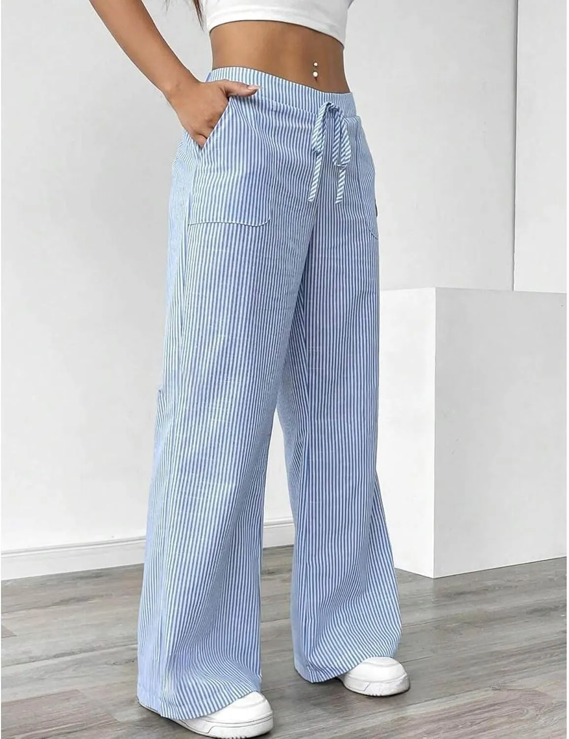 SEMATOMALA Women's Striped Wide Leg Lounge Wear Pants Elastic Waist High Waisted Trousers with Pockets
