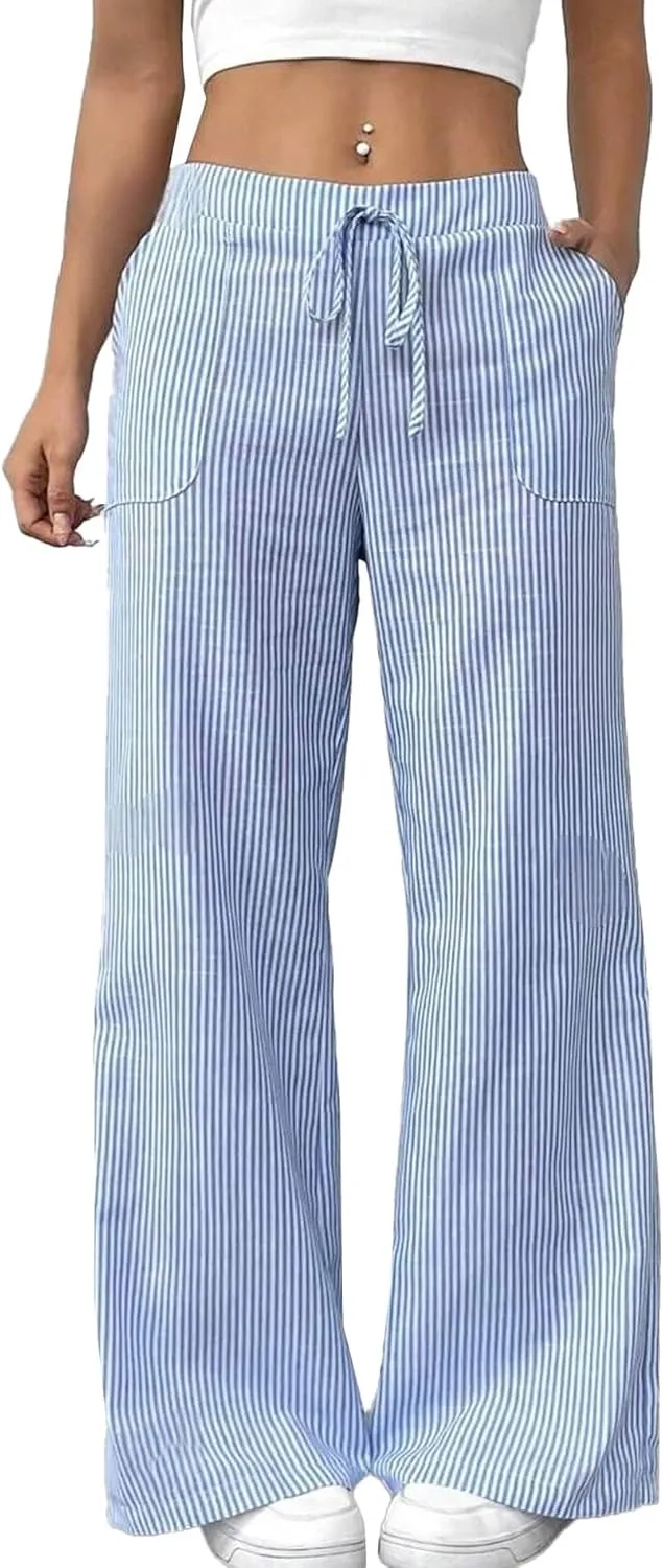 SEMATOMALA Women's Striped Wide Leg Lounge Wear Pants Elastic Waist High Waisted Trousers with Pockets