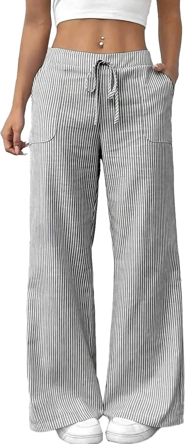 SEMATOMALA Women's Striped Wide Leg Lounge Wear Pants Elastic Waist High Waisted Trousers with Pockets