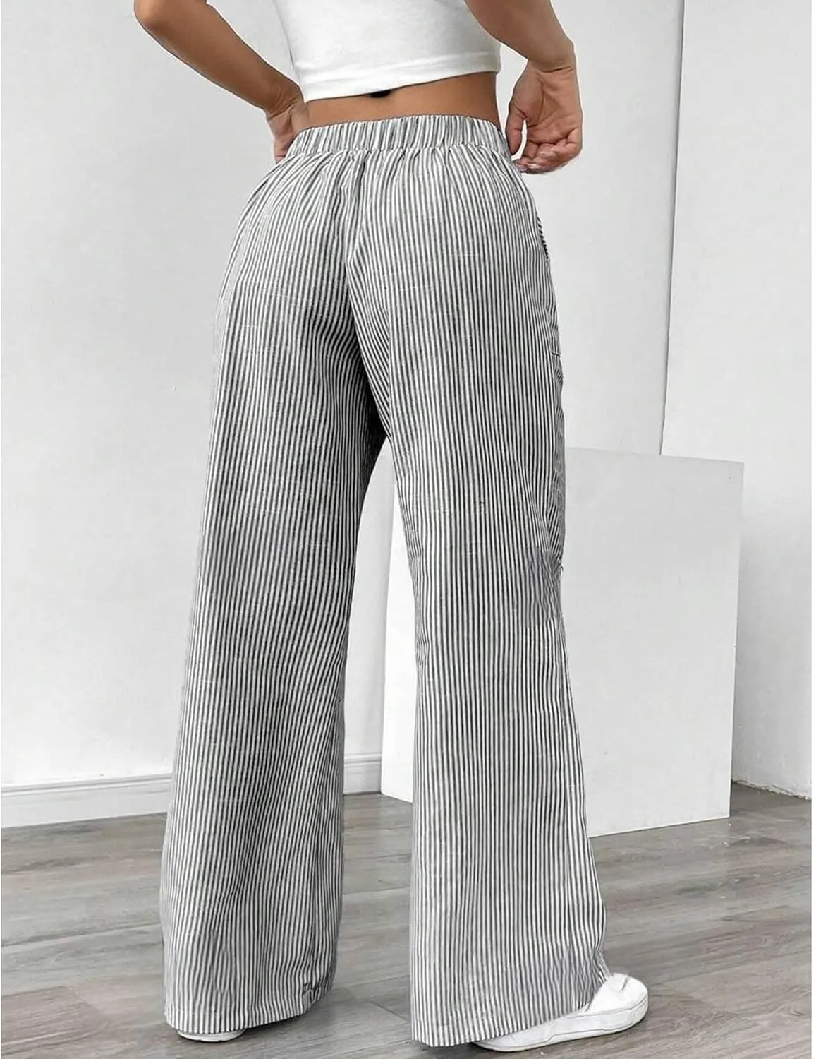 SEMATOMALA Women's Striped Wide Leg Lounge Wear Pants Elastic Waist High Waisted Trousers with Pockets