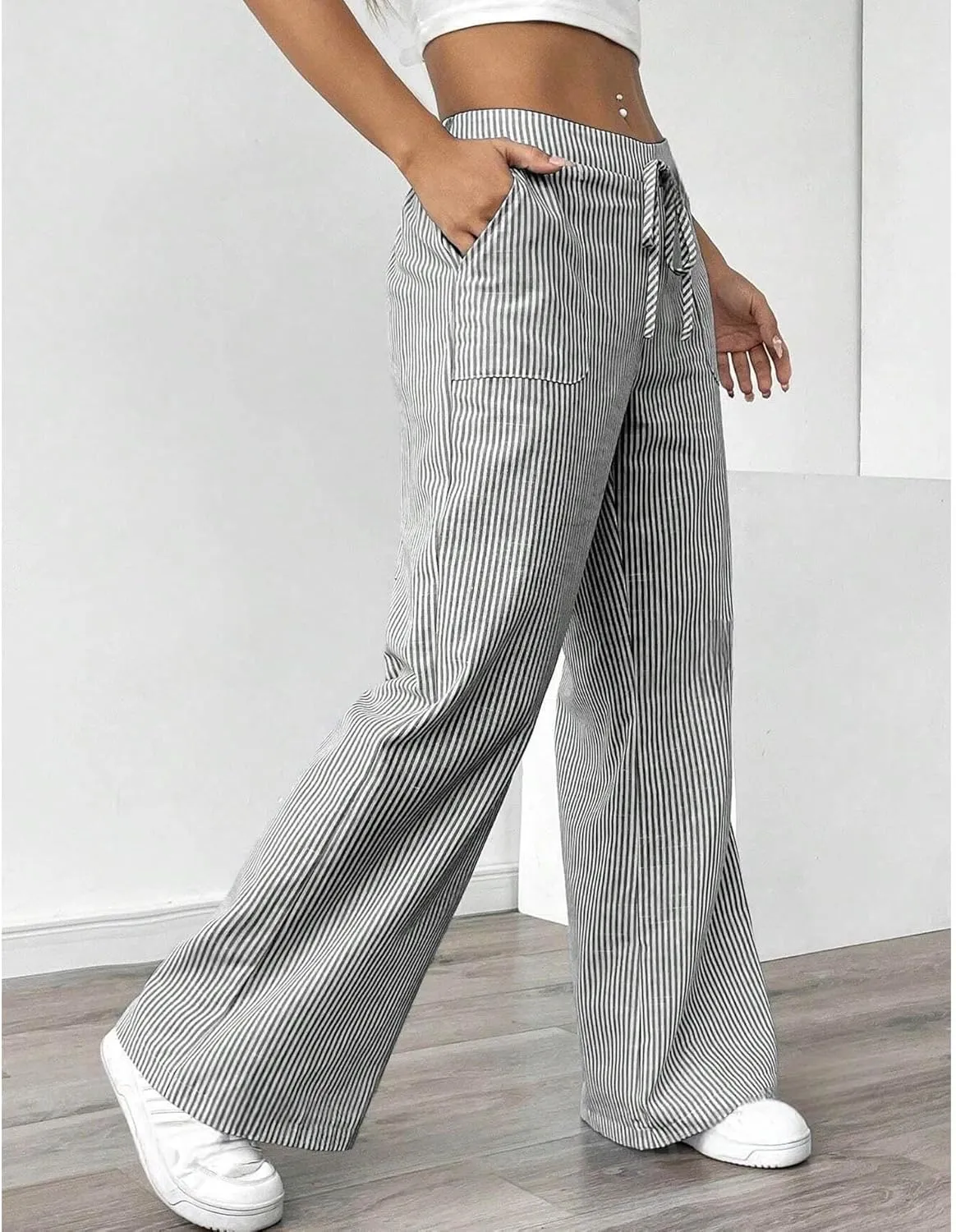 SEMATOMALA Women's Striped Wide Leg Lounge Wear Pants Elastic Waist High Waisted Trousers with Pockets