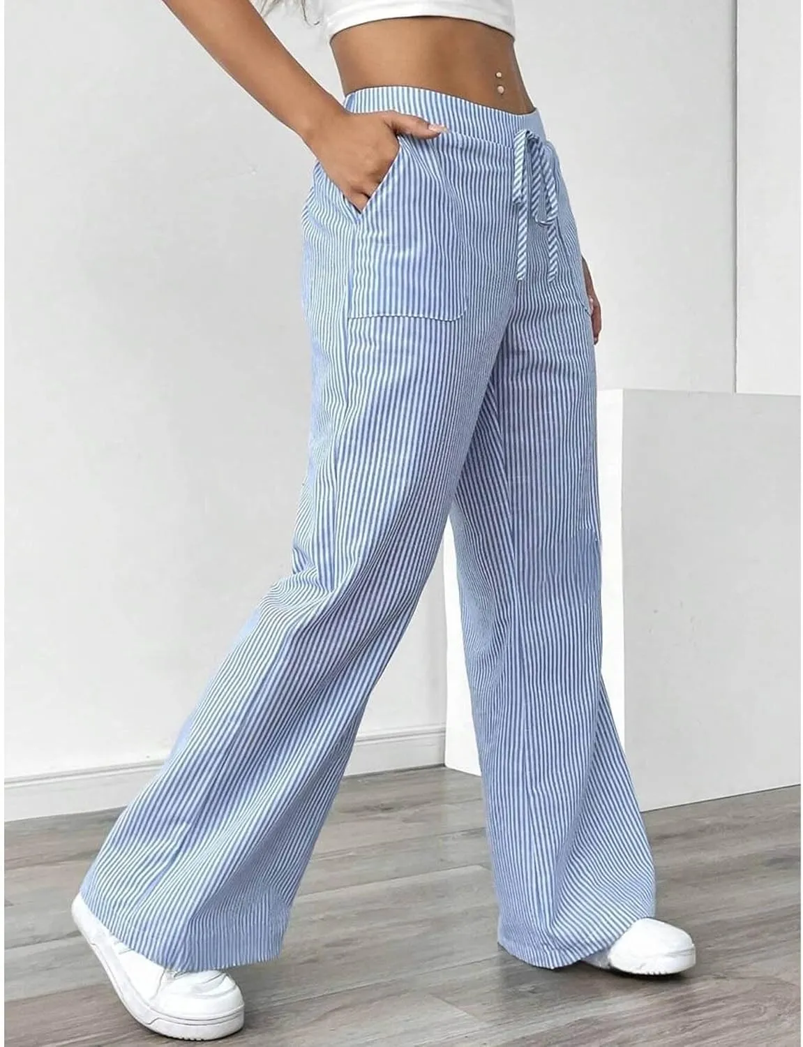 SEMATOMALA Women's Striped Wide Leg Lounge Wear Pants Elastic Waist High Waisted Trousers with Pockets