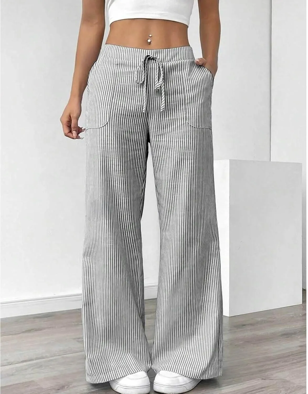 SEMATOMALA Women's Striped Wide Leg Lounge Wear Pants Elastic Waist High Waisted Trousers with Pockets