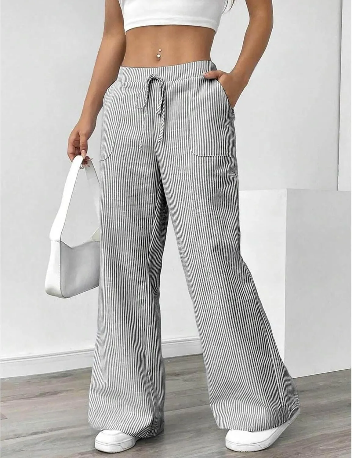 SEMATOMALA Women's Striped Wide Leg Lounge Wear Pants Elastic Waist High Waisted Trousers with Pockets