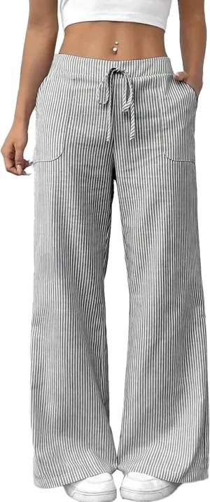 SEMATOMALA Women's Striped Wide Leg Lounge Wear Pants Elastic Waist High Waisted Trousers with Pockets