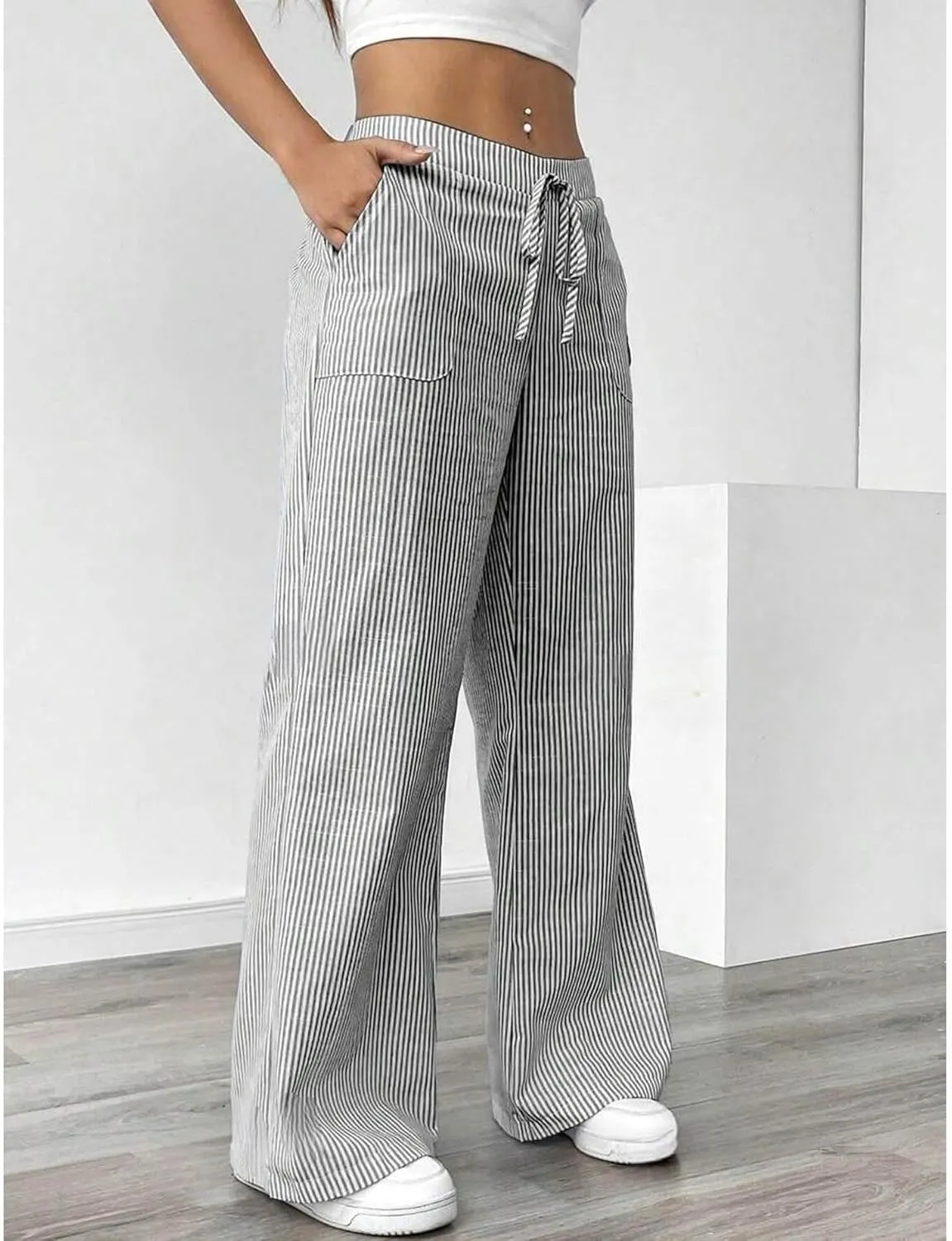 SEMATOMALA Women's Striped Wide Leg Lounge Wear Pants Elastic Waist High Waisted Trousers with Pockets
