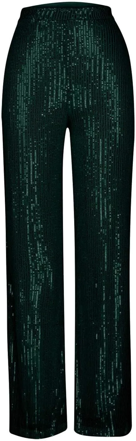 Sequin Pants for Women High Waist Palazzo Pants Long Culottes Glitter Wide Leg Pants Bling Party Clubwear Trousers