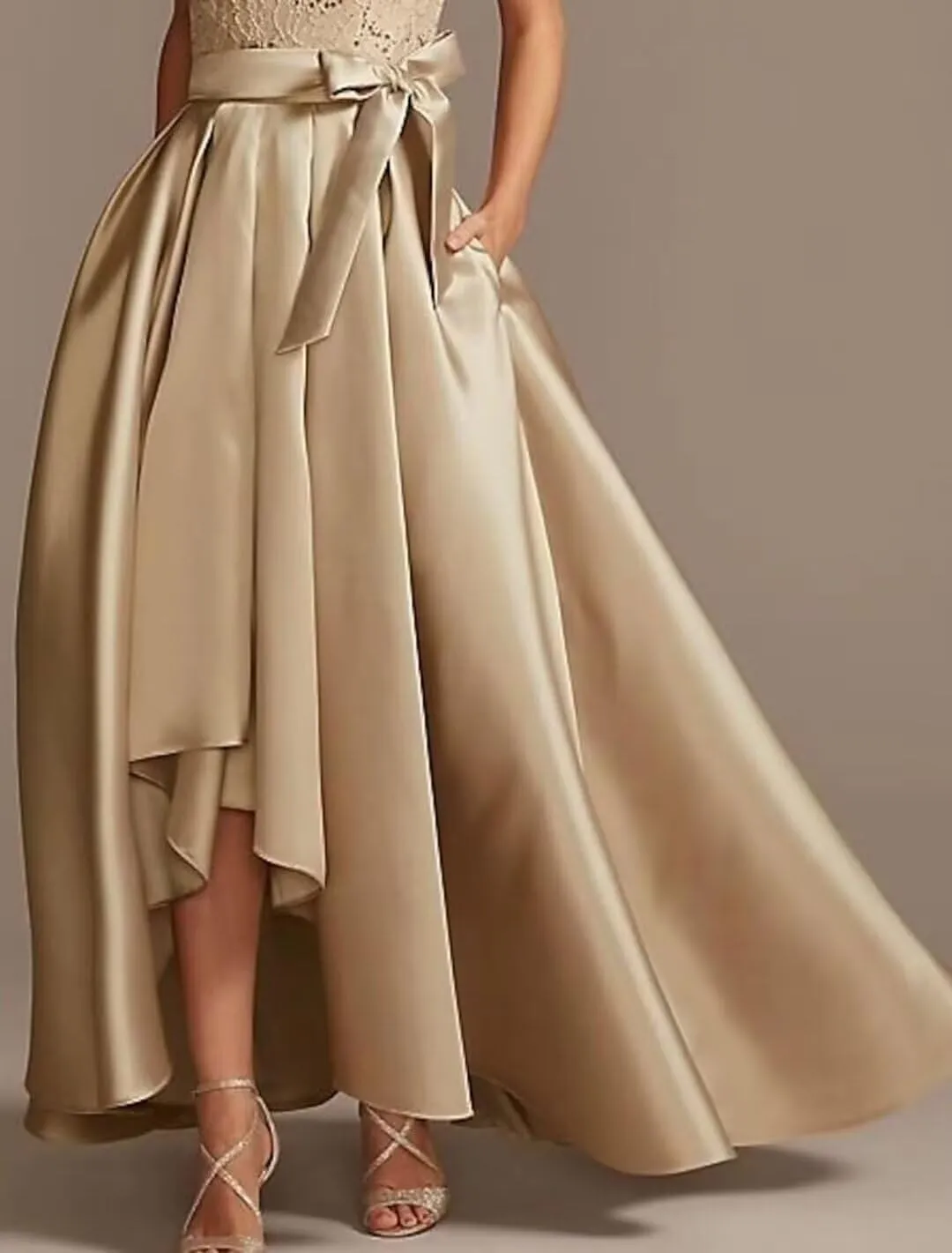 SHANDUAO Lace Applique Mother of The Bride Dresses Hi-Low Satin Formal Evening Gown with Pockets