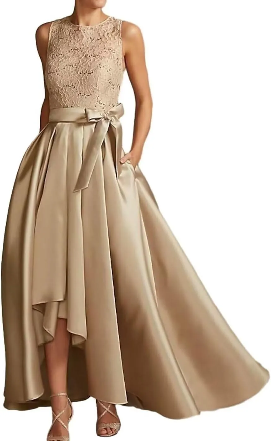 SHANDUAO Lace Applique Mother of The Bride Dresses Hi-Low Satin Formal Evening Gown with Pockets