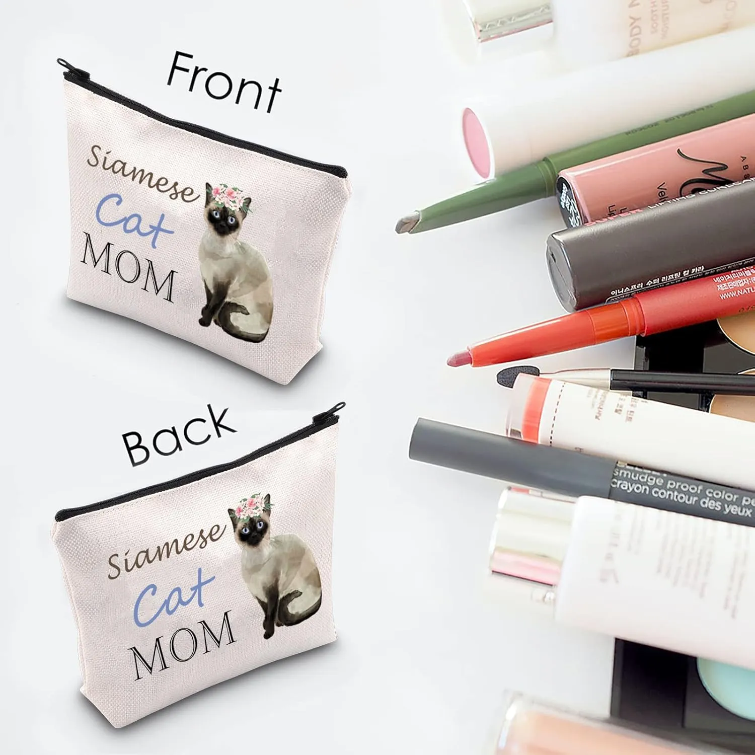 Siamese Cat Mom Cosmetic Bag - Cat Lover Gift with Zipper Pouch for Women & Girls