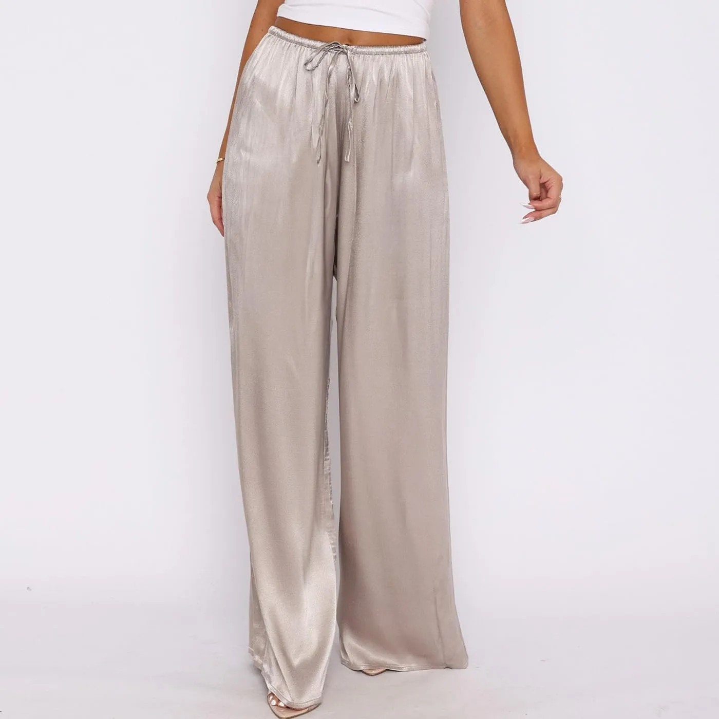 SOLILOQUY Women Y2K Satin Wide Leg Pants Casual Elastic High Waist Solid Loose Fit Lounge Pants Office Ladies Work Trousers