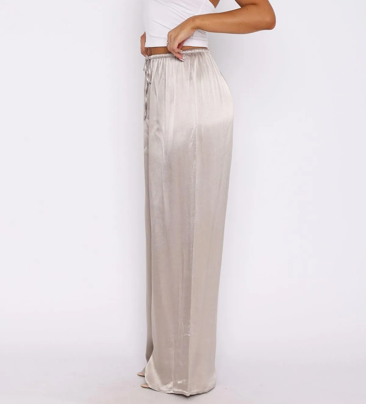 SOLILOQUY Women Y2K Satin Wide Leg Pants Casual Elastic High Waist Solid Loose Fit Lounge Pants Office Ladies Work Trousers