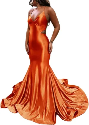 Spaghetti Straps V Neck Mermaid Prom Dresses Long Sexy Satin Cutout Party Formal Evening Dresses 2024