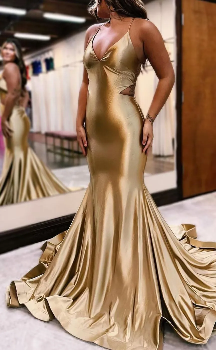 Spaghetti Straps V Neck Mermaid Prom Dresses Long Sexy Satin Cutout Party Formal Evening Dresses 2024