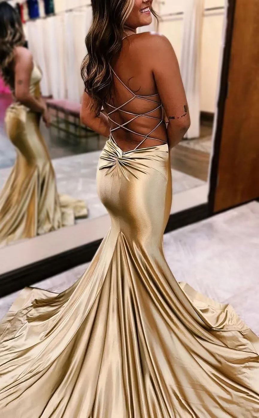 Spaghetti Straps V Neck Mermaid Prom Dresses Long Sexy Satin Cutout Party Formal Evening Dresses 2024