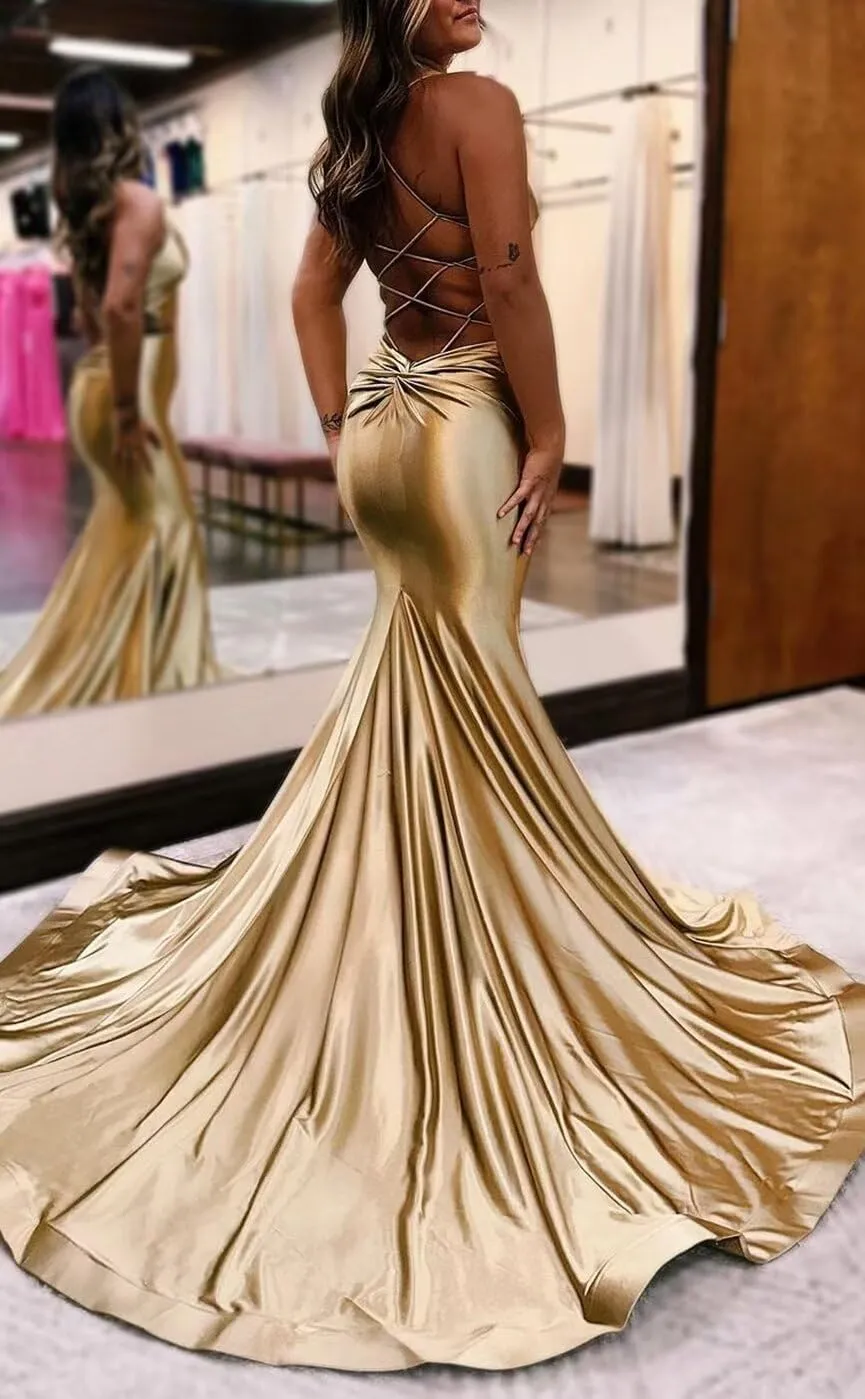 Spaghetti Straps V Neck Mermaid Prom Dresses Long Sexy Satin Cutout Party Formal Evening Dresses 2024