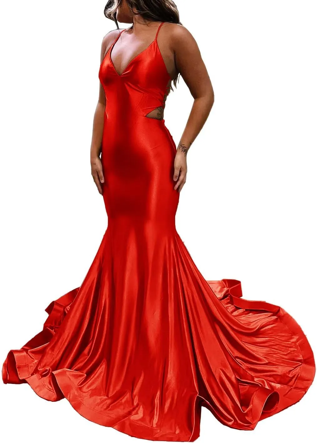 Spaghetti Straps V Neck Mermaid Prom Dresses Long Sexy Satin Cutout Party Formal Evening Dresses 2024
