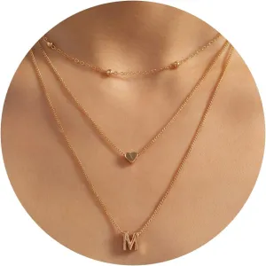 Stocking Stuffers Holiday Outfits for Women 2024 Gold Layered Initial Necklaces Dainty Heart Initial Necklaces for Womens Small Letter Disc Pendant Choker Necklace Triple Layering Necklaces Jewelry Gifts for Womens (N)