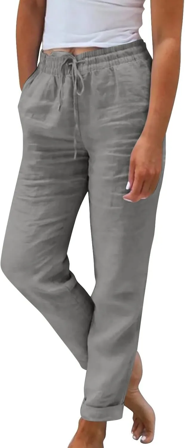 Straight Leg Linen Pants Women Summer Elastic High Waisted Beach Pants with Pockets Casual Plus Size Trousers