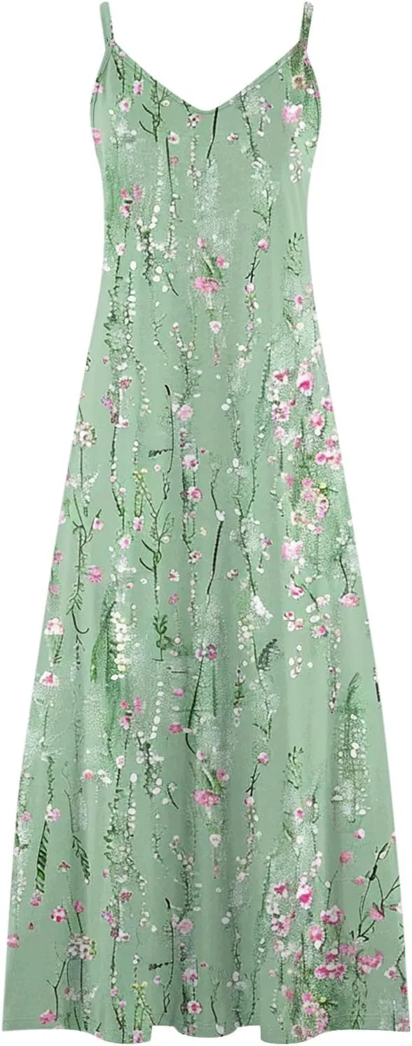 Summer Dresses for Women 2025 Beach Vacation Sexy Spaghetti Strap v Neck Sun Dress Flowy Maxi Long Sundresses Trendy
