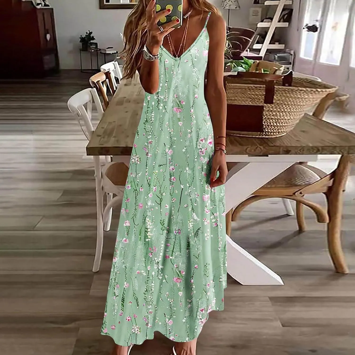 Summer Dresses for Women 2025 Beach Vacation Sexy Spaghetti Strap v Neck Sun Dress Flowy Maxi Long Sundresses Trendy