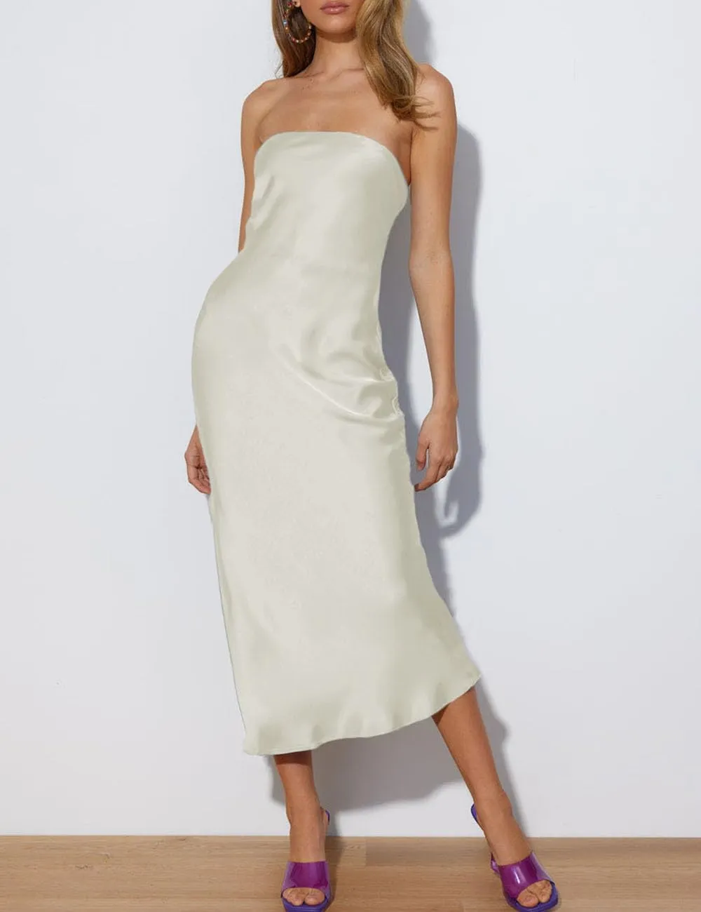 Summer Satin Strapless Backless Wedding Guest Midi Dress for Women Elegant Tube Top Sleeveless Tie Back Maxi Dresses