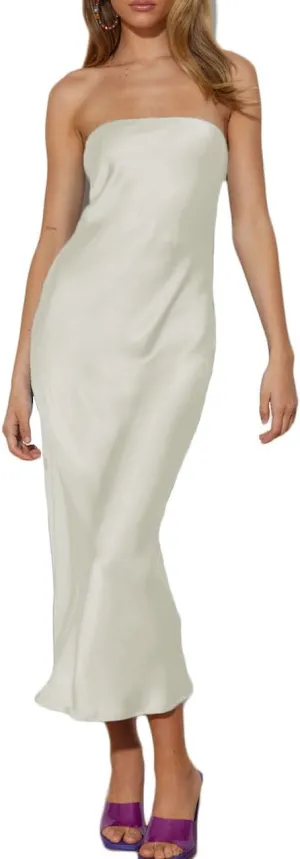 Summer Satin Strapless Backless Wedding Guest Midi Dress for Women Elegant Tube Top Sleeveless Tie Back Maxi Dresses