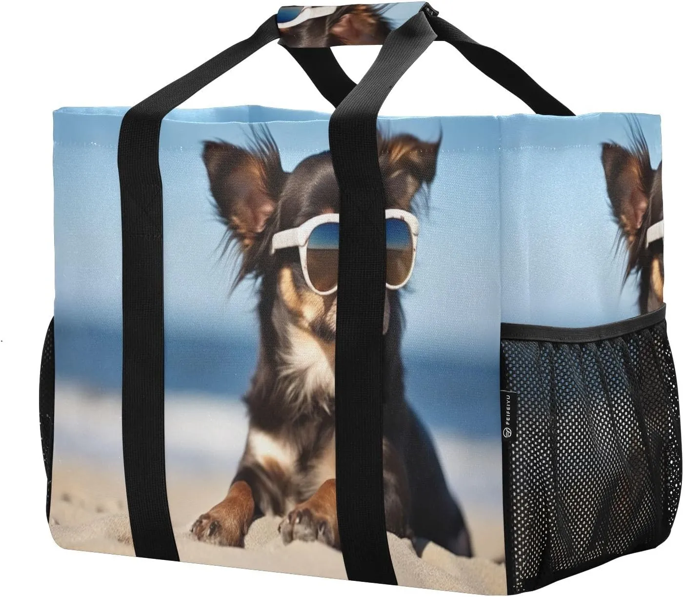 Sunglasses Dog Large Foldable Travel Tote Bag, Lightweight Waterproof Swim Pool Bag with Handles & Pocket for Beach Outdoor, Reusable Grocery Bag for Kitchen, Shopping