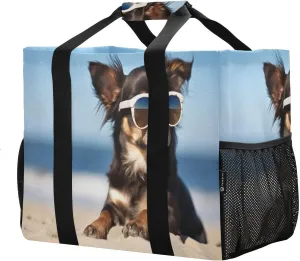 Sunglasses Dog Large Foldable Travel Tote Bag, Lightweight Waterproof Swim Pool Bag with Handles & Pocket for Beach Outdoor, Reusable Grocery Bag for Kitchen, Shopping